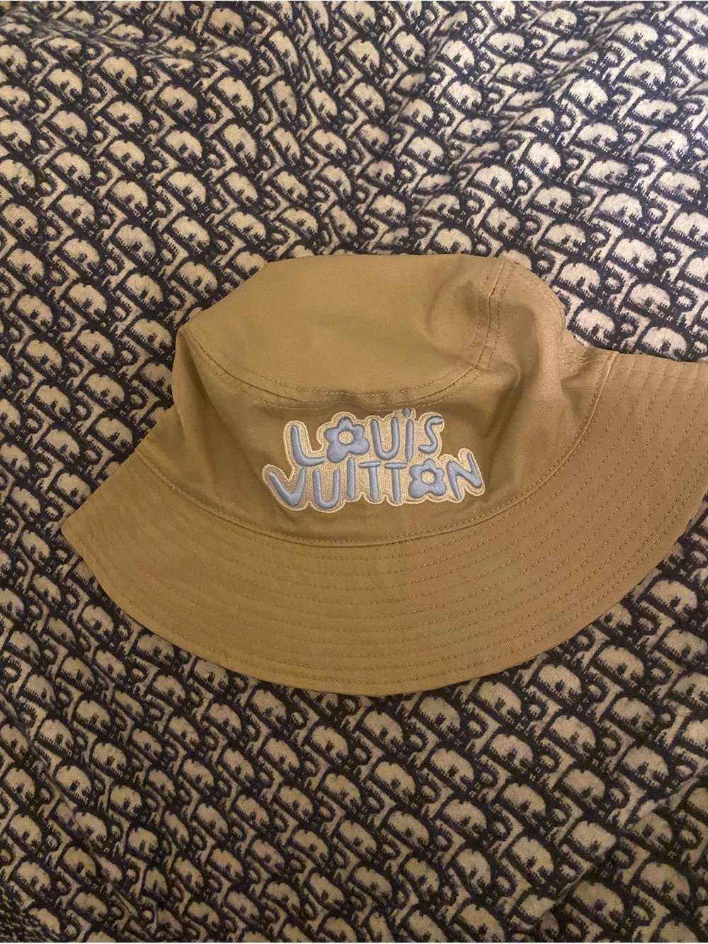 Louis Vuitton Tan Bucket Hat with Light Blue Logo Patch